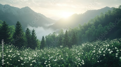 Sun rising over a lush green mountain valley with pine trees and a field of white wildflowers, early morning fog hovering between the peaks creating a serene and idyllic natural landscape