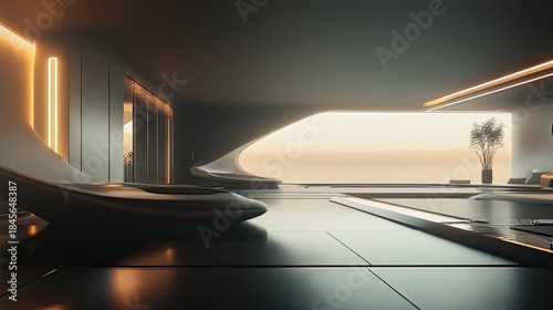 Conceptual modern living space with innovative curved architecture, bright linear lighting, and a large window overlooking a calming, hazy landscape, ideal for themes of future design and luxury