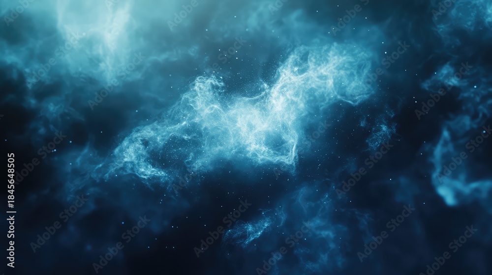 Obraz premium Cosmic nebula forming a vibrant blue light and intricate cloud shapes, creating an abstract and mysterious deep space background for science and galaxy concepts