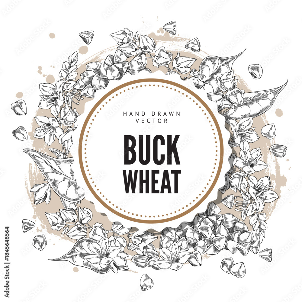 Fototapeta premium Vector illustration of round frame with leaves, flowers and buckwheat grains.