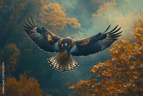 Brown and black buzzard soaring with outstretched wings in autumn forest mist bird of prey raptor flying