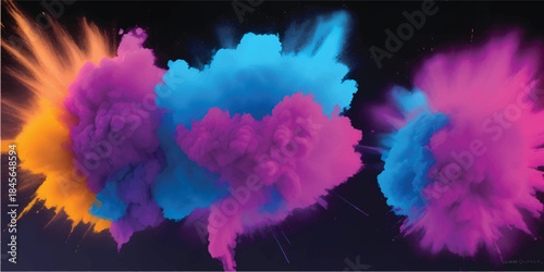 Vibrant Color Powder Explosion on Black Background with Pink Yellow and Blue Dust Cloud for Dramatic Creative Design