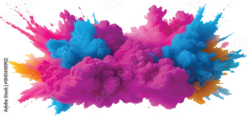 Multicolor Powder Explosion Cloud with Vibrant Pink Yellow Blue Dust for Creative Artwork and Commercial Design Use