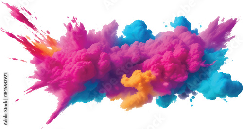 Multicolor Powder Explosion Cloud with Vibrant Pink Yellow Blue Dust for Creative Artwork and Commercial Design Use