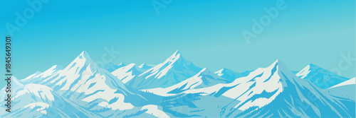 Mountain Winter Landscape, panoramic illustration of snow-covered white peaks, alpine scenery, cold winter mountains, panoramic nature view, scenic outdoor vector artwork.