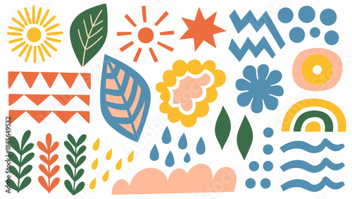 Colorful abstract pattern featuring suns flowers leaves and rainbow elements