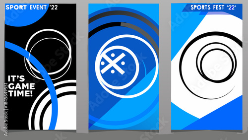 Abstract sports event promotional designs with blue and black circular elements