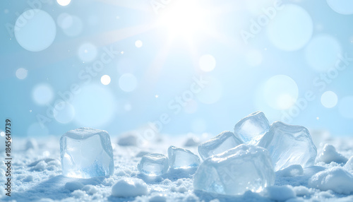 Glittering ice cubes on snowy surface with sunlight reflections, winter sale