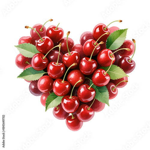 Heart shape made of ripe red cherries with green leaves isolated on transparent background