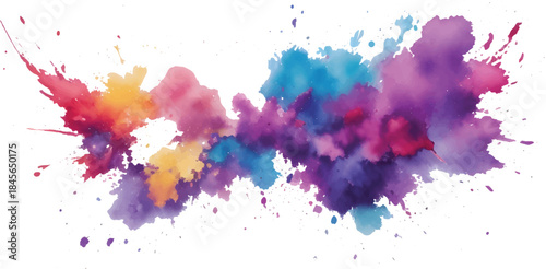 An artistic pattern of colorful watercolor splashes and ink stains creates a vibrant grunge texture illustration with pink heart shapes on paper for a modern wallpaper design element