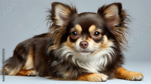 Adorable long-haired Chihuahua puppy with brown, tan and white fur lying down on white background, perfect for pet care and animal lover designs.