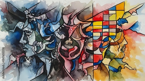 Panel kuchenny z motywem Abstract watercolor composition with geometric shapes, flowing lines and vibrant color palette creating dynamic artistic movement for modern design projects.
