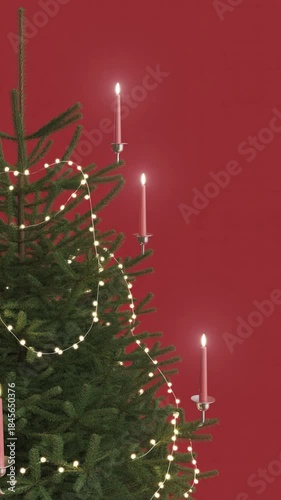 Vertical video  of the beautifully decorated
Christmas tree with rich dark green foliage set against a vibrant solid red background. Candles are glowing.