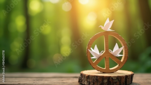 A rustic wooden peace symbol, from center luminous paper-like birds fly out on a soft forest-green blur with rich sunlight bokeh