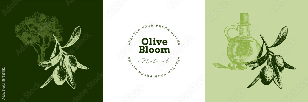 Fototapeta premium Vintage sketch logo set of olive branche, bottle of oil, tree. Extra virgin, farm product, Mediterranean cuisine, cosmetic, organic farm, packaging label. Engraved hand drawn vector illustration.