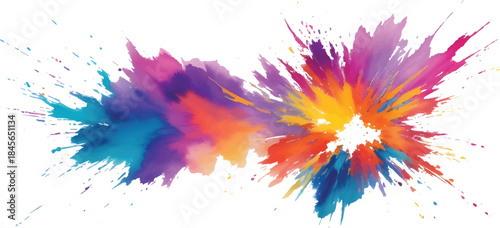 Abstract watercolor design with colorful paint splashes, ink drops, and a vibrant rainbow stain texture