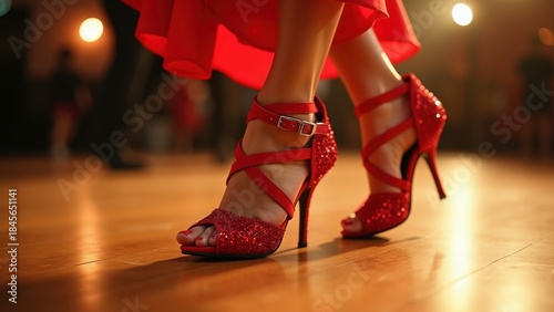 Vibrant red salsa dance shoes with sparkly details on polished wooden dance floor, Latin dance fitness culture, high heels with ankle straps, dance fitness symbolism