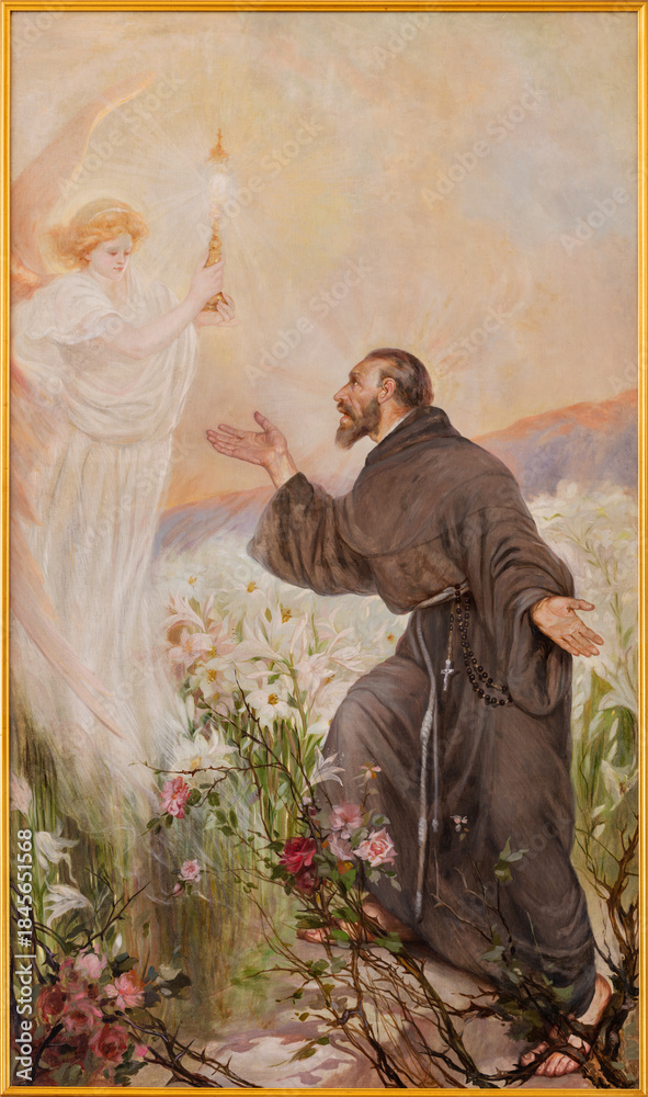 Obraz premium RAVELLO, ITALY - OCTOBER 7, 2025: The painting St. Francis of Assisi and angel with the Eucharist in the church Chiesa di San Francesco by Giuseppe Aprea (1876 – 1946).