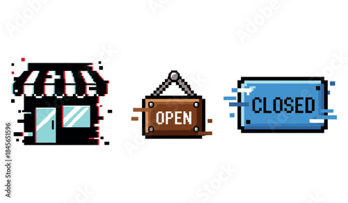 Pixel art open closed signs with retro style storefront