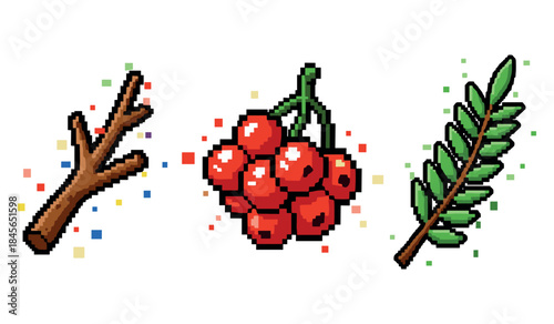 Pixel art: branch, berries, and leaf with colorful background