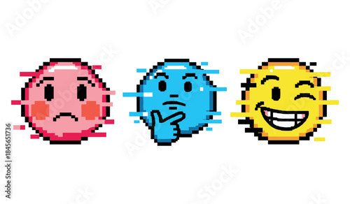 Pixel art emojis: sad, thoughtful, and happy expressions in red, blue, and yellow