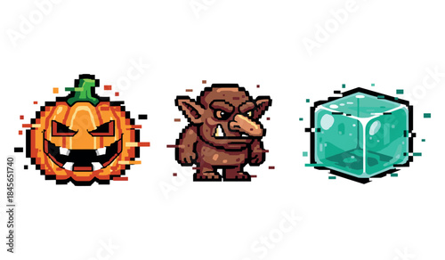 Pixel art pumpkin, goblin, and ice cube with retro aesthetic