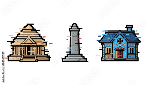 Pixel art icons: temple, monument, and house designs in vibrant colors