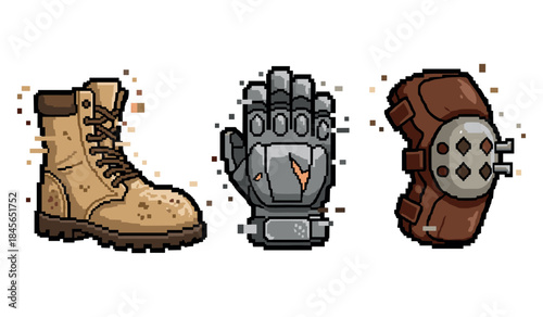 Pixel art combat gear: boot, glove, shield collection in 8-bit style