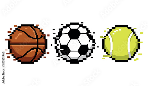 Pixel art basketball, soccer, and tennis balls in retro style