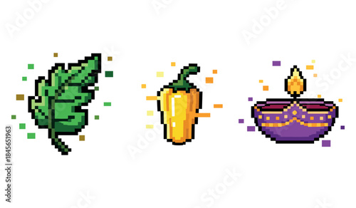 Pixel art of leaf, pepper, and diya lamp with colorful details