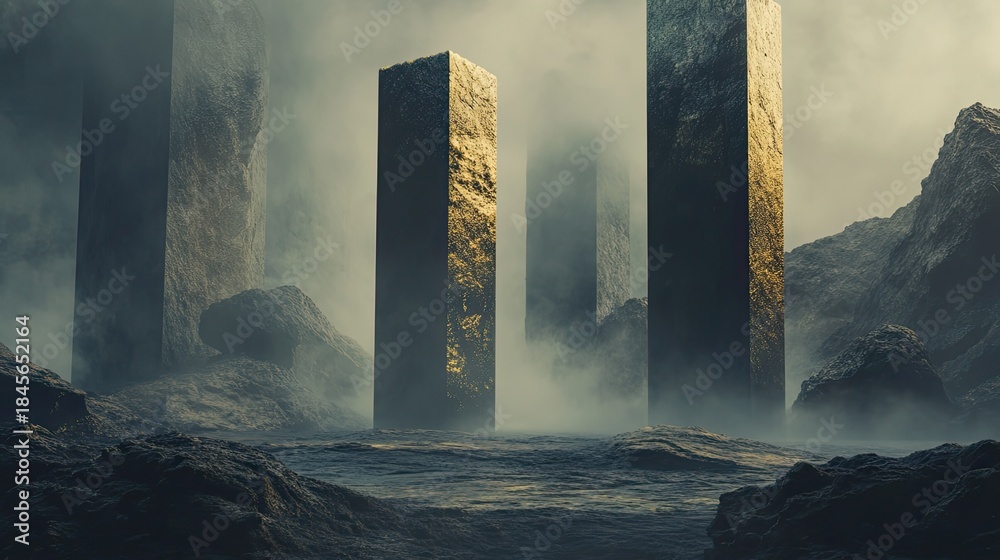 Obraz premium Tall golden faced ancient structures emerging from an atmospheric, mysterious terrain, depicting exploration, unknown worlds, and a sense of wonder in a desolate environment