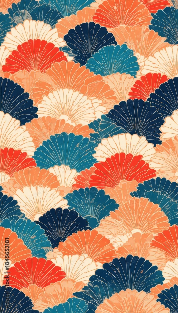 Fototapeta premium Colorful pattern of fan shapes arranged in waves on a light background Generative AI