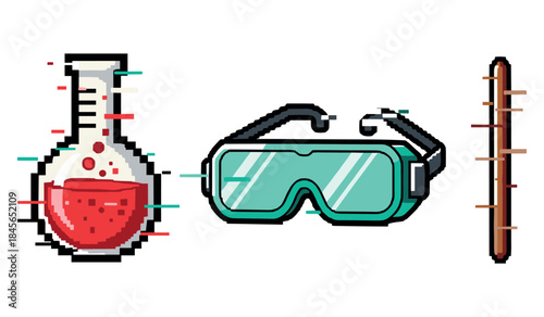 Pixel art chemistry icons: flask, goggles, and thermometer