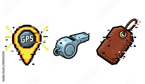 Pixel art icons: gps marker, silver whistle, and luggage tag