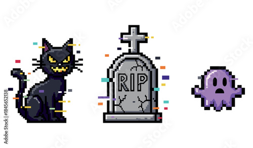Spooky pixel art: black cat, tombstone, ghost with colorful pixels