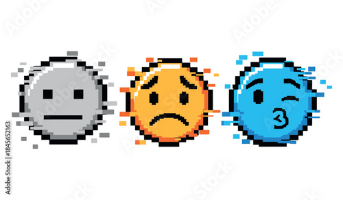 Pixel art emoticons: neutral gray, sad orange, playful blue expressions