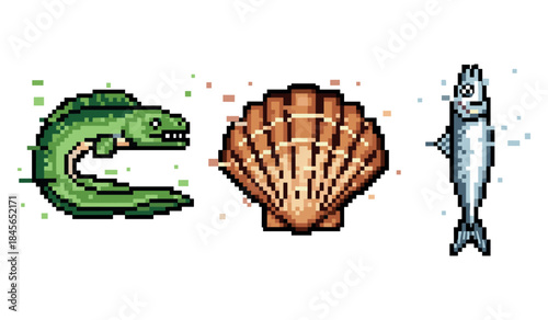 Pixel art sea creatures: eel, shell, and fish