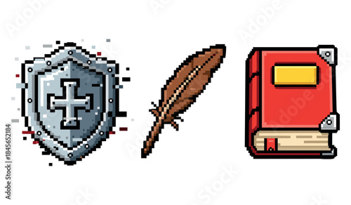 Pixel art shield feather and book icons: retro gaming elements