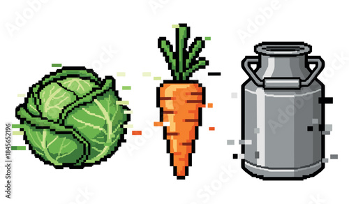 Pixel art vegetables and milk can: cabbage, carrot, metal container