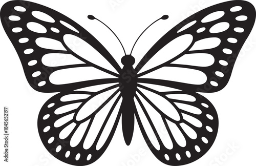 A simple black and white illustration of a butterfly with detailed wings