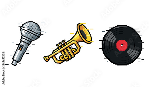 Pixel art of microphone, trumpet, and vinyl record with glitch effect