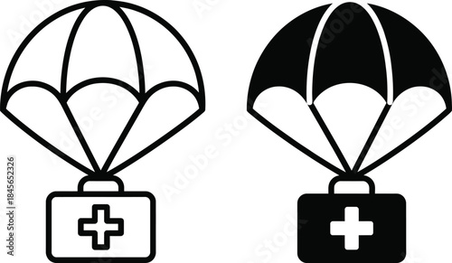 Parachute with First Aid Kit Icon Set Vector | Black Filled and Outline Emergency Supply Symbols