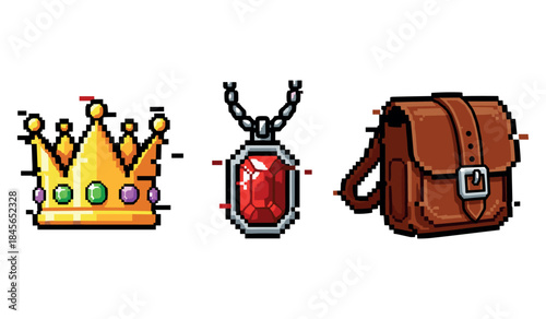 Pixel art icons of crown, ruby necklace, and leather bag