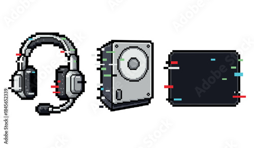 Pixel art headset, speaker, and monitor with glitch effects
