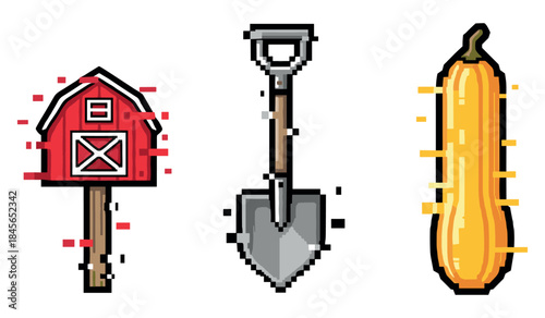 Pixel art farm set: barn, shovel, and squash