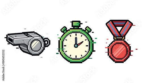Pixel art stopwatch, whistle, and medal illustration for sports themes