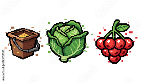 Pixel art icons of brown bucket, green cabbage, and red berries