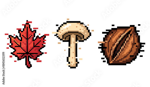 Pixel art autumn symbols: maple leaf, mushroom, and seed