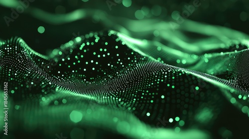 Data points forming an abstract green wave across a digital surface, visualizing flowing information, global connectivity, technology infrastructure, and future innovation