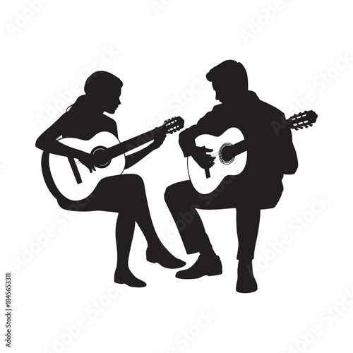 Silhouette of a couple playing acoustic guitars together in a loving scene